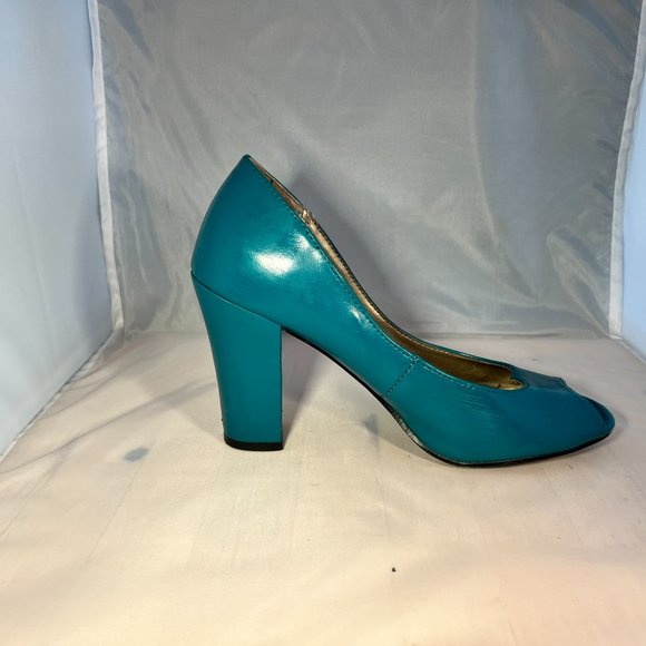 Teal Faux Leather Peep Toe Heels Size 7 - Picture 5 of 6